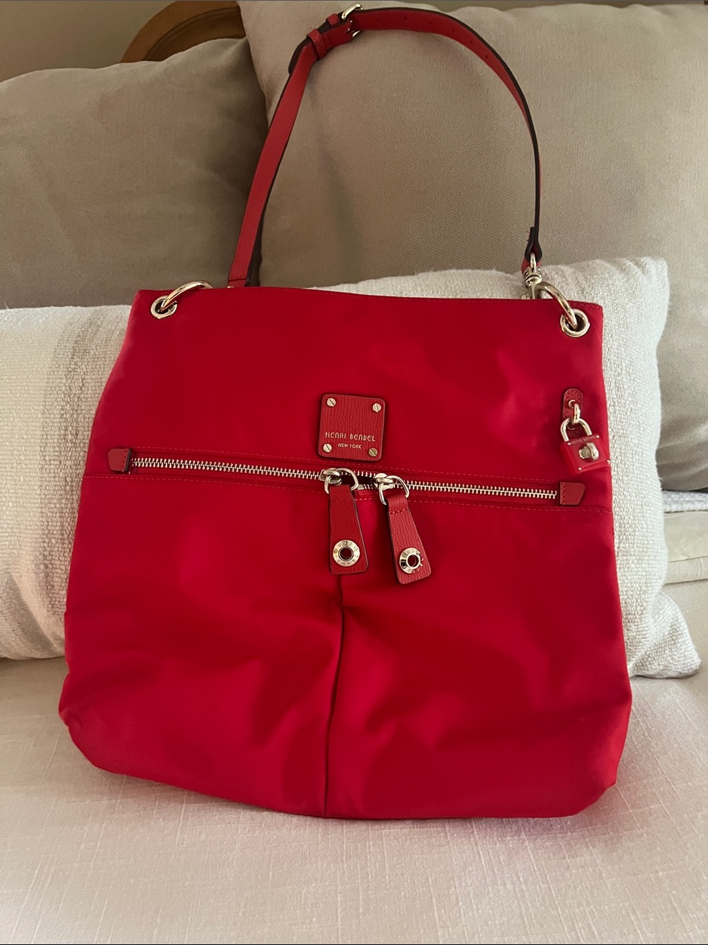 Tory Burch Bright Red Shoulder Tote with Front Zip Pocket